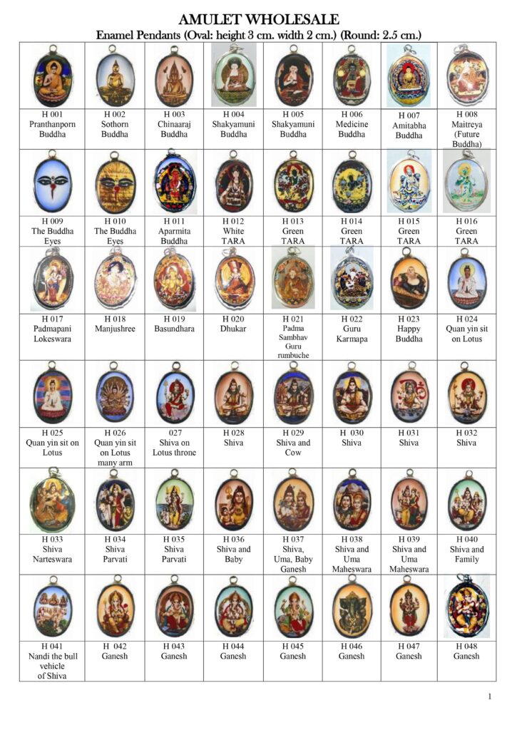 Enamel pendants of Buddha, Tara, Padmapani Lokeshvara, Manjushree, Basundhara, Dhukar, Padma Sambhav, Guru Karmapa, Guanyin, Shiva, Nandi, Ganesha