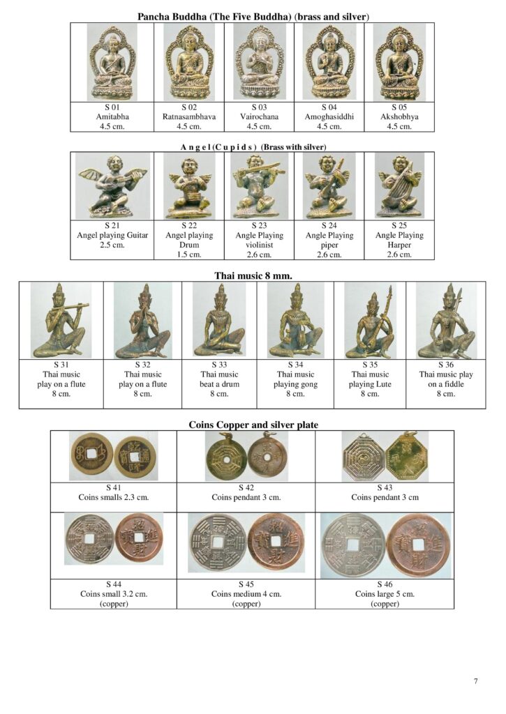 Small-size, miniature Pancha Buddha or The Five Tathāgatas (Akshobhya, Ratnasambhava, Vairocana, Amitābha, and Amoghasiddhi), cupid statue, brass or silver color