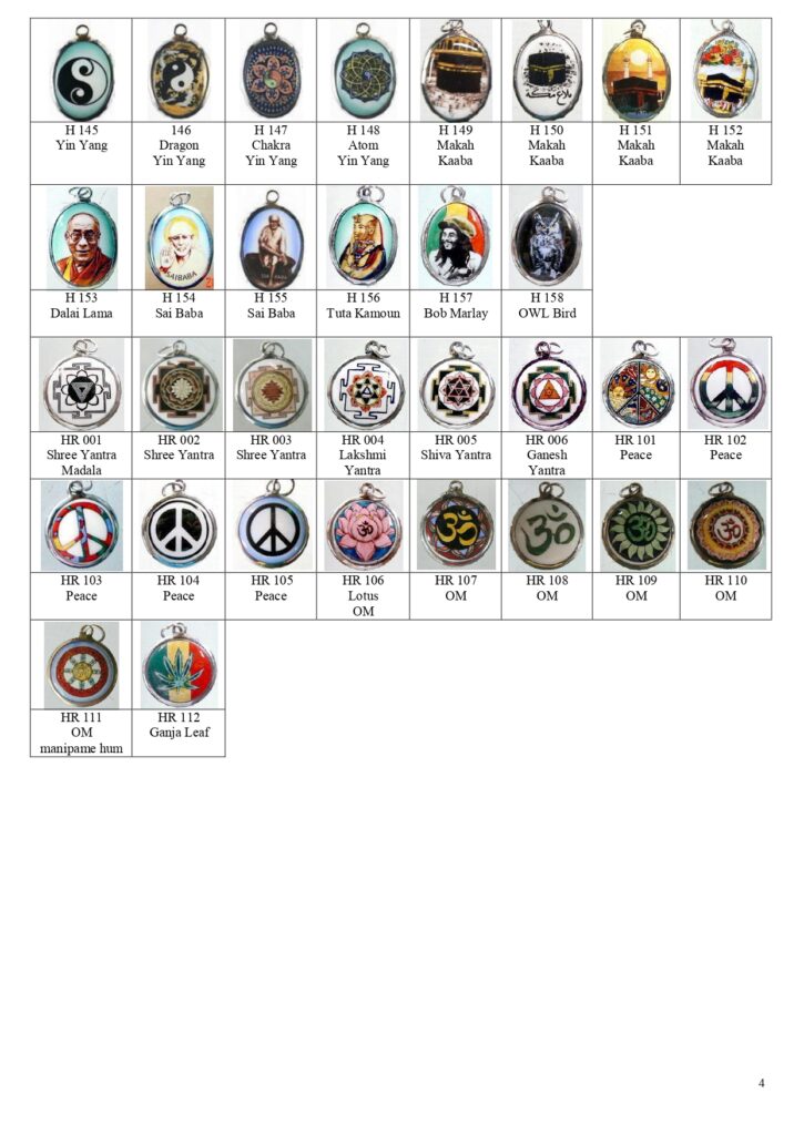 Yin Yang, Kaaba, Dalai Lama, Sai Baba of Shirdi, Tutankhamun, Bob Marlay, Owl, Sri Yantra; Yantra of Lakshmi, Shiva, and Ganesha; Peace, OM, Ganja Leaf Enamel pendant