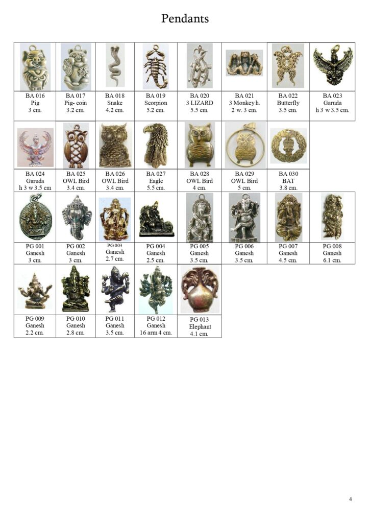 brass pendants of Pig, Snake, Scorpion, 3 Lizard, 3 Monkey, Butterfly, Garuda, Owl, Eagle, Bat, Ganesha, Elephant