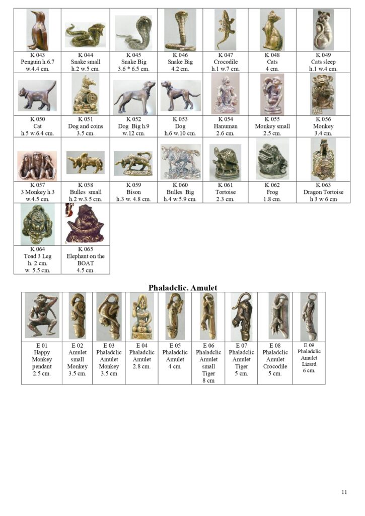 Silver or brass-colored miniature, small-size penguin, snake, crocodile, cat, dog, Hanuman, monkey, bull, bison, tortoise, frog, toad, elephant figurine